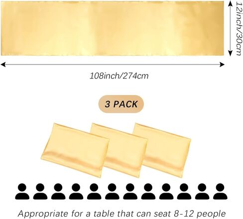 مفرش طاولة، مفرش طاولة ذهبي، 3 قطع مفرش طاولة من الساتان، مفرش طاولة للحفلات، مفارش طاولة زفاف حريرية مقاس 12 × 108 بوصة للهالوين، الخريف، أعياد الميلاد، الولائم، التخرج، ديكور الحفلات الذهبية in Kuwait