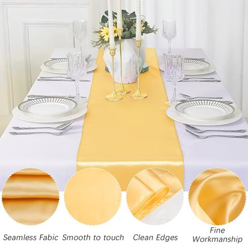 مفرش طاولة، مفرش طاولة ذهبي، 3 قطع مفرش طاولة من الساتان، مفرش طاولة للحفلات، مفارش طاولة زفاف حريرية مقاس 12 × 108 بوصة للهالوين، الخريف، أعياد الميلاد، الولائم، التخرج، ديكور الحفلات الذهبية in Kuwait