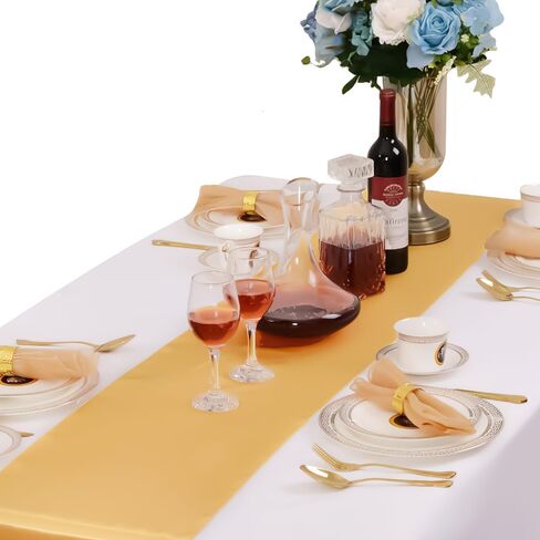 مفرش طاولة، مفرش طاولة ذهبي، 3 قطع مفرش طاولة من الساتان، مفرش طاولة للحفلات، مفارش طاولة زفاف حريرية مقاس 12 × 108 بوصة للهالوين، الخريف، أعياد الميلاد، الولائم، التخرج، ديكور الحفلات الذهبية in Kuwait