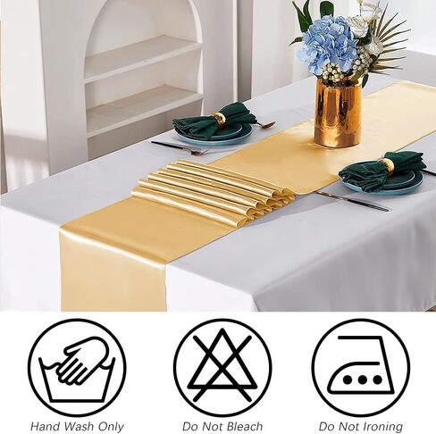 مفرش طاولة، مفرش طاولة ذهبي، 3 قطع مفرش طاولة من الساتان، مفرش طاولة للحفلات، مفارش طاولة زفاف حريرية مقاس 12 × 108 بوصة للهالوين، الخريف، أعياد الميلاد، الولائم، التخرج، ديكور الحفلات الذهبية in Kuwait
