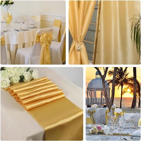 مفرش طاولة، مفرش طاولة ذهبي، 3 قطع مفرش طاولة من الساتان، مفرش طاولة للحفلات، مفارش طاولة زفاف حريرية مقاس 12 × 108 بوصة للهالوين، الخريف، أعياد الميلاد، الولائم، التخرج، ديكور الحفلات الذهبية in Kuwait
