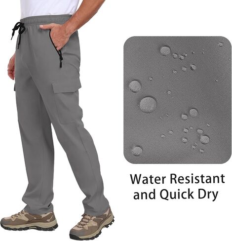 Men's Hiking Pants UPF 50+ Cargo Quick Dry Water Resistant Elastic Waist Zip Pockets Travel Work Lightweight Running in Kuwait