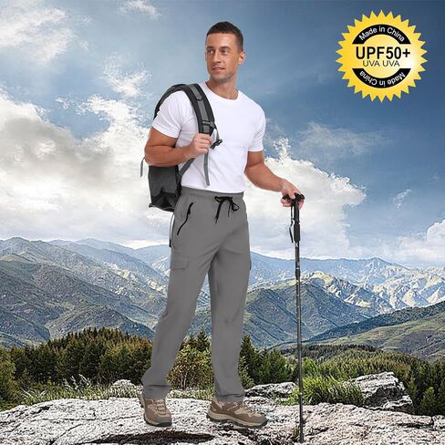 Men's Hiking Pants UPF 50+ Cargo Quick Dry Water Resistant Elastic Waist Zip Pockets Travel Work Lightweight Running in Kuwait