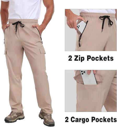 Men's Hiking Pants UPF 50+ Cargo Quick Dry Water Resistant Elastic Waist Zip Pockets Travel Work Lightweight Running in Kuwait