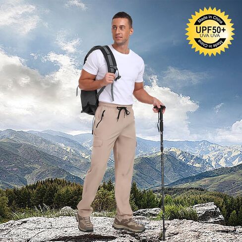 Men's Hiking Pants UPF 50+ Cargo Quick Dry Water Resistant Elastic Waist Zip Pockets Travel Work Lightweight Running in Kuwait