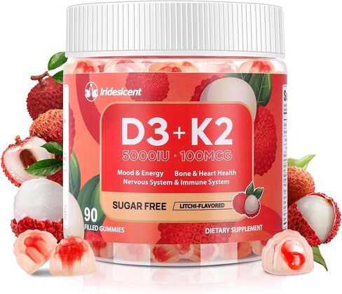 فيتامين D3 K2 علكات مع المغنيسيوم خالي من السكر - 90 قطعة | فيتامين D3 5000 وحدة دولية + K2(MK-7) 100 ميكروجرام - مكمل فيتامين K2 D3 النباتي، عالي الامتصاص يدعم العظام والعضلات والمزاج والمناعة (نكهة الليتشي) in Kuwait