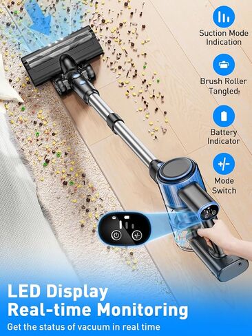مكنسة كهربائية لاسلكية، مكنسة كهربائية 30 كيلو باسكال 8 في 1 مع شاشة LED و3 أوضاع للتنظيف، وقت تشغيل 45 دقيقة وبطارية قابلة للفصل، مكنسة كهربائية خفيفة الوزن للأرضيات الصلبة المنزلية والسجاد وشعر الحيوانات الأليفة in Kuwait