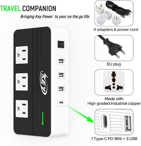 محول جهد 230 وات من 220 فولت إلى 110 فولت ومحول سفر دولي/محول طاقة مع منفذ USB C 18 وات - [يستخدم لأجهزة الولايات المتحدة الأمريكية في الخارج في أوروبا وأستراليا والمملكة المتحدة وأيرلندا والمزيد] in Kuwait