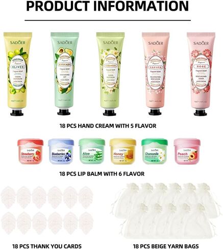 36 PACKS Wedding Hand Cream Lip Balm Bulk Set for Guests, Bridal Shower Favors Include Hand Lotion, Lip Balm, Thank You Tags and Organza Bags (7 flavor) in Saudi Arabia