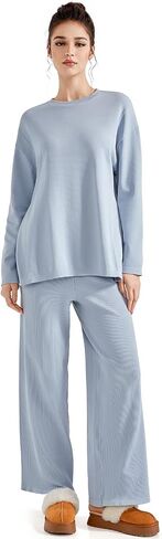 SUUKSESS Women Lounge Sets 2 Piece Pajamas Sets Long Sleeve Tops Wide Leg Pants in Kuwait
