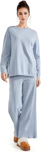 SUUKSESS Women Lounge Sets 2 Piece Pajamas Sets Long Sleeve Tops Wide Leg Pants in Kuwait