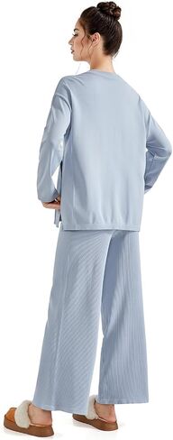 SUUKSESS Women Lounge Sets 2 Piece Pajamas Sets Long Sleeve Tops Wide Leg Pants in Kuwait