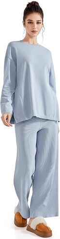 SUUKSESS Women Lounge Sets 2 Piece Pajamas Sets Long Sleeve Tops Wide Leg Pants in Kuwait