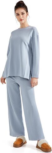 SUUKSESS Women Lounge Sets 2 Piece Pajamas Sets Long Sleeve Tops Wide Leg Pants in Kuwait