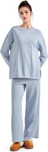SUUKSESS Women Lounge Sets 2 Piece Pajamas Sets Long Sleeve Tops Wide Leg Pants in Kuwait