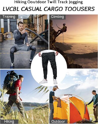بنطال LVCBL للرجال من Cargo Jogger، سروال برباط الخصر للاستخدام الخارجي مع جيوب، أسود، 3XL in Kuwait