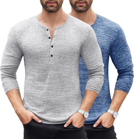 COOFANDY Men's 2Pack Slim Fit Henley Shirts Long Sleeve Lightweight Fashion Casual Cotton Basic T Shirts in Kuwait
