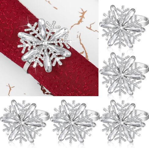 عيد الميلاد منديل الدائري ندفة الثلج حلقات منديل حامل مشبك حجر الراين كريستال المعادن منديل الدائري عيد الميلاد الفضة منديل الدائري لعيد الميلاد الزفاف عشاء الجدول الديكور (نمط رائع، 6 قطع) in Kuwait