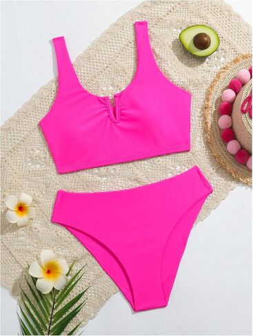 OYOANGLE Girl's 2 Piece Swimsuit Notch Neck Sleeveless Wireless Mid Rise Bikini Bathing Suits in Saudi Arabia
