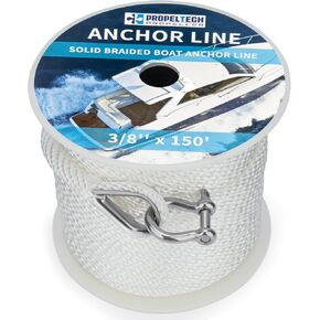 Anchor Rope Braided Anchor Line(White, 3/8" x 150') Premium Solid Braid MFP Boat Rope with Stainless Steel Thimble & Shackle, Quality Marine Rope, Boat Accessories