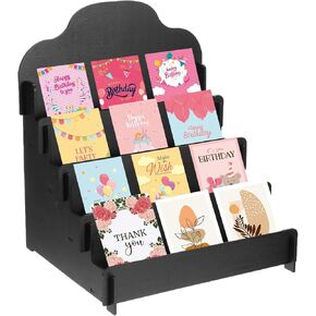 PATIKIL Greeting Card Display Stand, 4 Tiered Sticker Display Holder Portable Postcard Display Stand Wooden Greeting Card Display Rack for Card Photo, 11.8 x 10.4 x 14.2, Black
