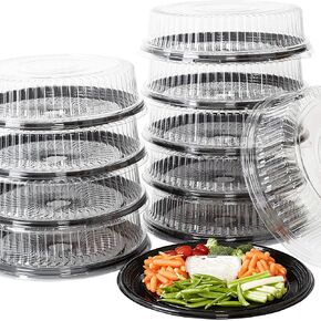 Avant Grub Heavy Duty, Recyclable 16 in. Serving Tray and Lid 10pk. Large, Black Plastic Party Platters with Clear Lids Dishware Plate, Elegant Round Banquet or Catering Trays for Serving