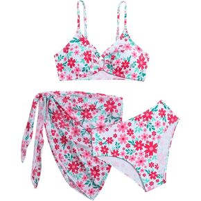 SweatyRocks Girl's 3 Piece Bathing Suit Floral Print Spaghetti Strap Bikini Swimsuit with Cover Up Skirt