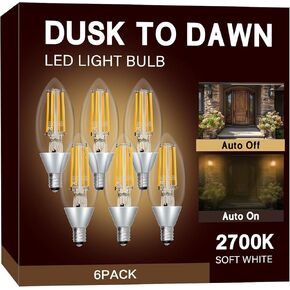 Dusk to Dawn Light Bulbs, Outdoor Candelabra Light Bulbs, 5W Equivalent 40W, 2700K Soft White, 500LM, Edison Vintage Filament E12 Base, Photocell Sensor for Sconces Porch Patio Garage, 6 Pack