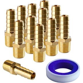 12Pcs Hose Barb Fitting 3/8" Barb to 1/4" NPT Male Thread Hose Barb Adapter Connector 1/4" NPT to 3/8" Barb Hose Barb Fittings Barbed Air Hose Repair Fitting Kit for Gas Air with Tape