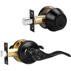 Probrico Door Handle and Double Cylinder Deadbolt Set,Satin Nickel Reverisble Wave Entry Door Lever with Lock and Keys,Front Door Lock Set, All Keyed Alike for 2 Pack
