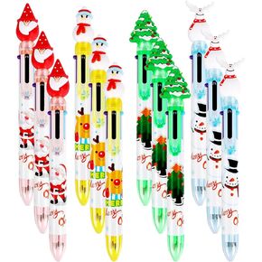Christmas Multicolor Ballpoint 6-in-1 Pens, 12 Pcs Retractable Pen Santa Claus Reindeer Xmas Rollerball Pens for Christmas Party Favors