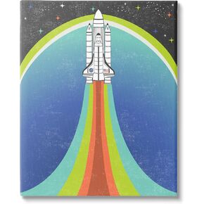Stupell Industries Rocket Ship Taking Off Outer Space Striped Pattern, Design by Caroline Alfreds