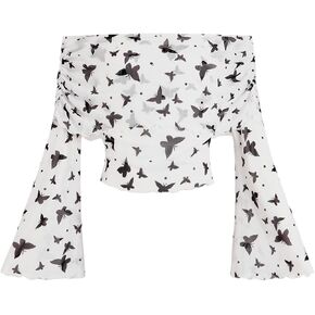 Verdusa Women's Floral Print Lettuce Trim Cold Shoulder Bell Sleeve Mesh Crop Tee Top