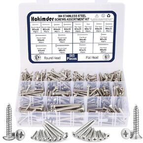 565Pcs 304 Stainless Steel Screws, Self Tapping Screws Assortment Kit, M3/M4/M5/M6 Flat Head & Round Head Wood Screws Assortment Kit