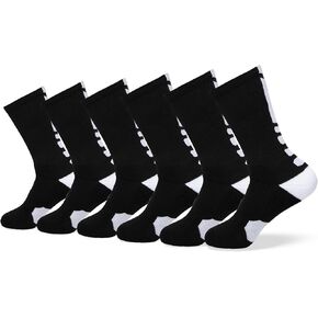 VNG Premium Black Athletic Crew Socks for Boys and Men Sizes 6-13, 6 Pairs Mid-Calf, Cushioned Sport Socks for Basketball, Football, Baseball, Running, Hiking in Black with White Trim
