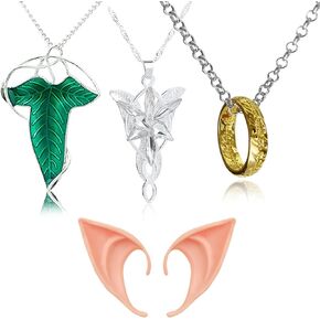 4 pcs Arwen Evening Star Necklace Ring Pendant Chain Necklace Elven Green Leaf Brooch Pin Pendant Necklace Elf Ears Set