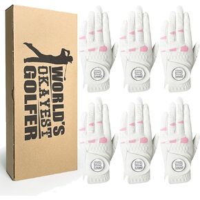 Golf Gloves Women Right Handed Golfer Left Hand with Ball Marker 6 Pack Leather Ladies Golf Glove All Weather Grip Rain Soft Size Small Medium Large XL