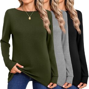Huukeay 3 Pack Women's Long Sleeve Shirts Boat Neck Basic Cotton Tee Casual Loose Fit Fall Pullover Tops for Ladies