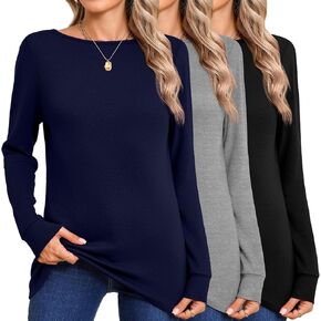 Huukeay 3 Pack Women's Long Sleeve Shirts Boat Neck Basic Cotton Tee Casual Loose Fit Fall Pullover Tops for Ladies in Kuwait