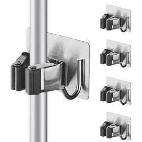 4 Pcs Stainless Steel Broom Holder, Heavy Duty Garden Tool Organizer Rack Rake and Shovel Handle, Rust Resistant Broom Holder Wall Mount for Kitchen Bathroom Closet Garden Garage, Light Gray