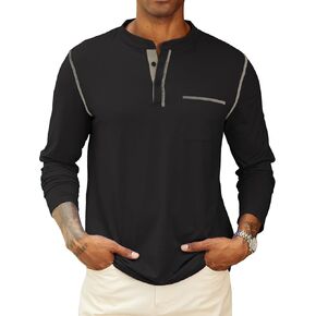 Hardaddy Men's Contrast Color Henley T-Shirt Long Sleeve Classic Henley Shirt Buttons Crewneck Pullover Top with Pocket