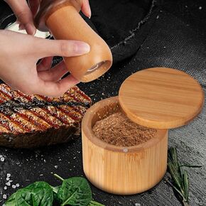 4" inch Wooden Pepper Grinder Mill, Sea Coarse Salt Grinder Ceramic Pepper Mill Grinder Adjustable Rough Grinder, with a Bamboo Salt Cellar Box with Swivel Lid, Sugar Spice Container Storage