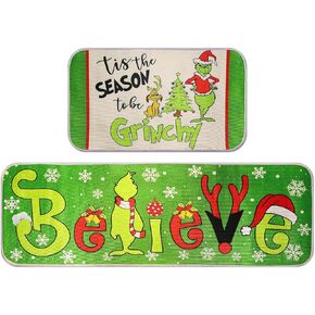 Grinchs Christmas Decorations Indoor Christmas Kitchen Bathroom Door Mat Non Slip and Washable Winter Rubber Santa Snowflakes Door Mat for Outdoor Indoor 16x28 and 16 * 48Inch
