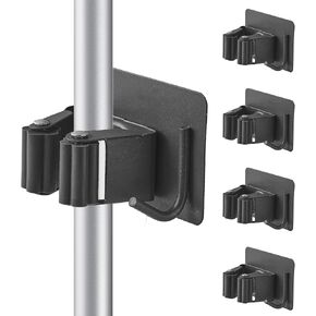 4 Pcs Stainless Steel Broom Holder, Heavy Duty Garden Tool Organizer Rack Rake and Shovel Handle, Rust Resistant Broom Holder Wall Mount for Kitchen Bathroom Closet Garden Garage, Light Gray