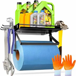 حامل مناشف ورقية للمرآب مع رف، حامل مناشف ورقية معدنية ممتازة مثبت على الحائط مع 6 خطافات، تمزق بيد واحدة، تنظيم المرآب وتخزينه، عالي التحمل يحمل 50 رطلاً، محطة التنظيف السريعة المثالية in Kuwait