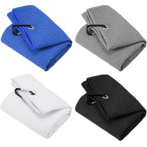 PATIKIL 16"x16" Tri-fold Golf Towel, 4 Pack Microfiber Waffle Pattern Towels Strong Water Absorption with Clip for Golf Bags and Club, Black White Gray Blue