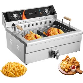 VEVOR Commercial Deep Fryer, 3000W Electric Turkey Fryer with Basket, Large Capacity 30.6Qt / 29L Countertop Single Oil Fryer, Stainless Steel, Temp Control, for Kitchen Restaurant Use, Silver