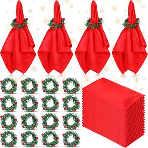 40 Pcs Christmas Napkins and Ring Set Red Cloth Napkins Washable 20 Pcs Christmas Napkin Rings 20 Pcs Christmas Napkins Cloth Red Berry Napkin Holder for Xmas Dinner Party Table Setting