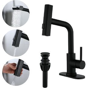 TRIPHIL Waterfall Bathroom Faucets with 3 Mode Pull Down Sprayer,Single Handle Modern Bath Sink Faucet with Pop Up Drain and Deck Plate,Matte Black 1 Hole RV, Bar,Restroom,Lavatory,Vanity Tap