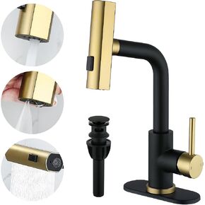 TRIPHIL Waterfall Bathroom Faucets with 3 Mode Pull Down Sprayer,Single Handle Modern Bath Sink Faucet with Pop Up Drain and Deck Plate,Matte Black 1 Hole RV, Bar,Restroom,Lavatory,Vanity Tap in Saudi Arabia